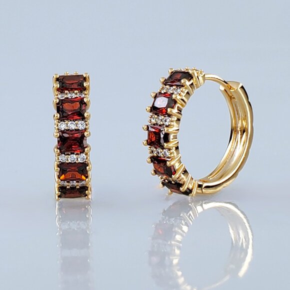 14K Gold 2ct Red Ruby Gemstone 1ct Diamond Small Hoop Earrings 14 Karat Jewelry - Picture 6 of 8